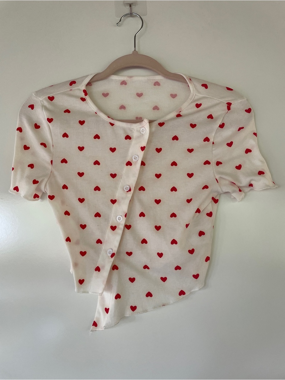 90% cotton coquette Heart-Print Cream Button-Front Short Sleeve asymmetrical
